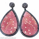 925 SOLID STERLING SILVER PINK OPAL GEMSTONE &CZ HANDMADE DANGLE EARRING