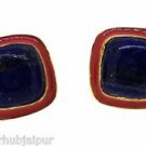 VINTAGE VICTORIAN 20.10 CT LAPIS GEMSTONE HANDMADE ENAMELED EARRING STUD 16MM