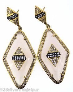 925 SOLID STERLING SILVER PINK AGATE GEMSTONE AND CZ HANDMADE DANGLE EARRING