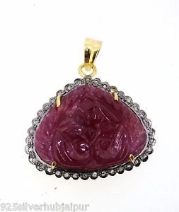 925 STERLING SILVER HANDMADE PENDANT 27.66 RUBY CARVING GEMSTONE 0.30 DIAMOND