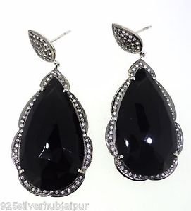925 SOLID STERLING SILVER LABMADE BLACK ONYX GEMSTONE & CZ HANDMADE EARRING