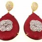 925 SOLID STERLING SILVER RED JADE GEMSTONE &CZ HANDMADE DANGLE EARRING