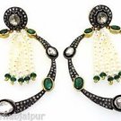 925 SILVER 14KT GOLD 1.10 CW SINGLE CUT 0.80 DIAMOND POLKI 3.53 EMERALD EARRING