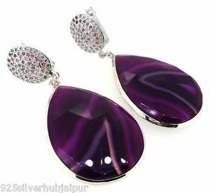 925 STERLING SILVER CZ RED AGATE HANDMADE DANGLE OMEGA BACK EARRING
