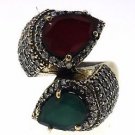 925 SOLID SILVER & BRASS HANDMADE TURKISH RING LABMADE EMERALD RUBY 8.75 US