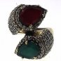 925 SOLID SILVER & BRASS HANDMADE TURKISH RING LABMADE EMERALD RUBY 8.75 US