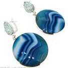 925 SOLID STERLING BLUE AGATE  LABMADE EMERALD HANDMADE OMEGA BACK EARRING