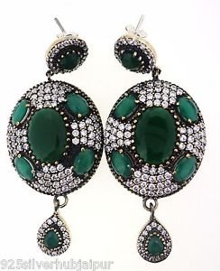 925 STERLING SOLID SILVER & BRONZE HANDMADE EARRING CZ LABMADE GREEN GEMSTONE