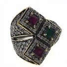 925 SOLID SILVER & BRASS HANDMADE TURKISH RING LABMADE EMERALD RUBY 8.5 US
