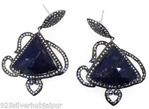 925 SOLID STERLING SILVER LAPIS GEMSTONE CZ HANDMADE DROP DANGLE EARRING