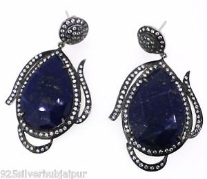 925 SOLID STERLING SILVER LAPIS LAZULI GEMSTONE CZ HANDMADE DROP DANGLER EARRING