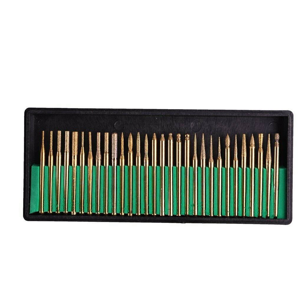 30Pcs/Kit Diamond Burr Bits Drill Glass Gemstone Titanium Coated Metal 1/8"