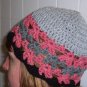 Grey Crochet Cloche Hat with Pink and Black Trim