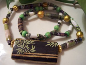 Golden Bamboo Hand Rolled Bead Necklace and Bracelet Set