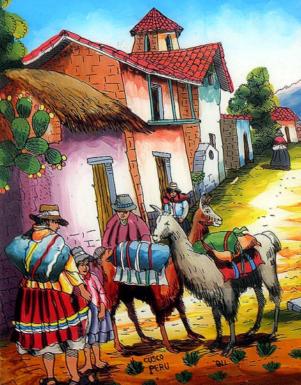 Cuzco Chincheros Glass Painting Picture Lamas Llamas Andean Peru