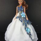 White Gown With Large Blue Applique Flowers Made To Fit The Barbie Doll