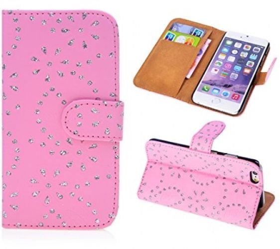 IPhone 5c Case, Pink Luxury Flip Wallet Rhinestones Diamond Coated Glitter Case