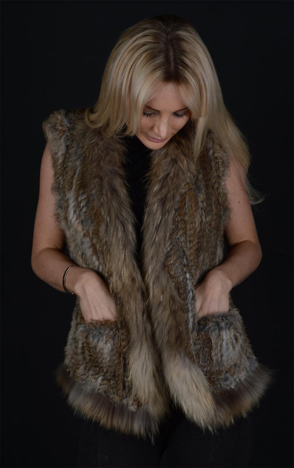 Crochet Rabbit Fur Vest With Raccoon Fur Trim