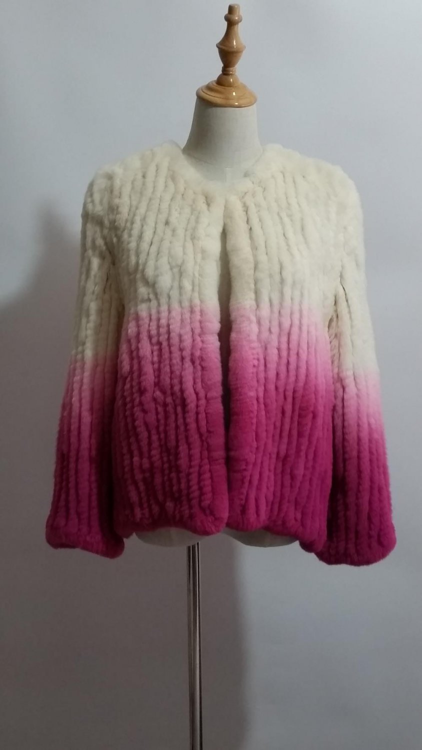 White/Pink gradient Crochet Rabbit Fur Jacket
