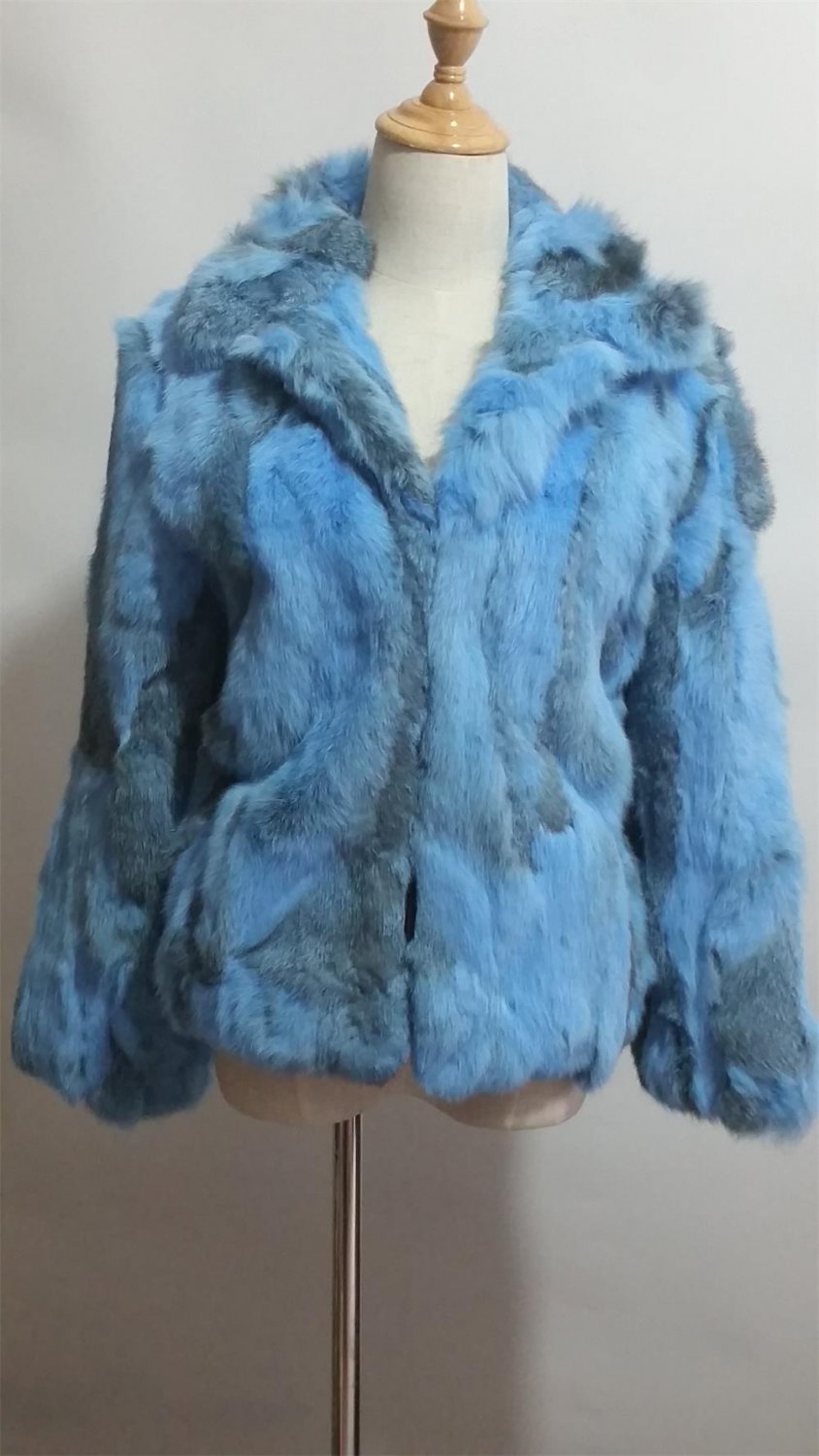 Blue Patchwork rabbit fur jacket stand up collar