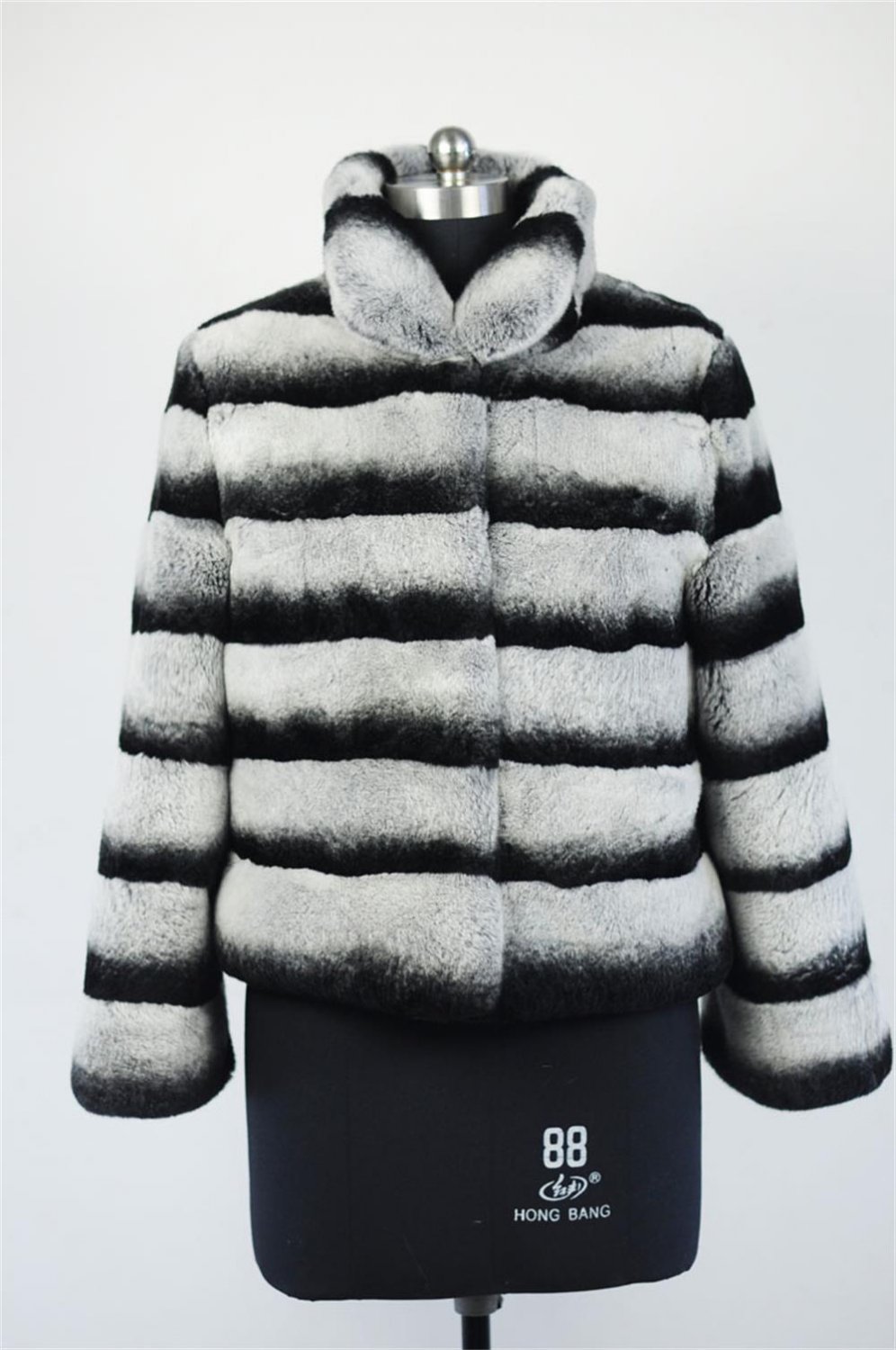 Chinchilla Grey Rex rabbit Fur Jacket stripes dyed