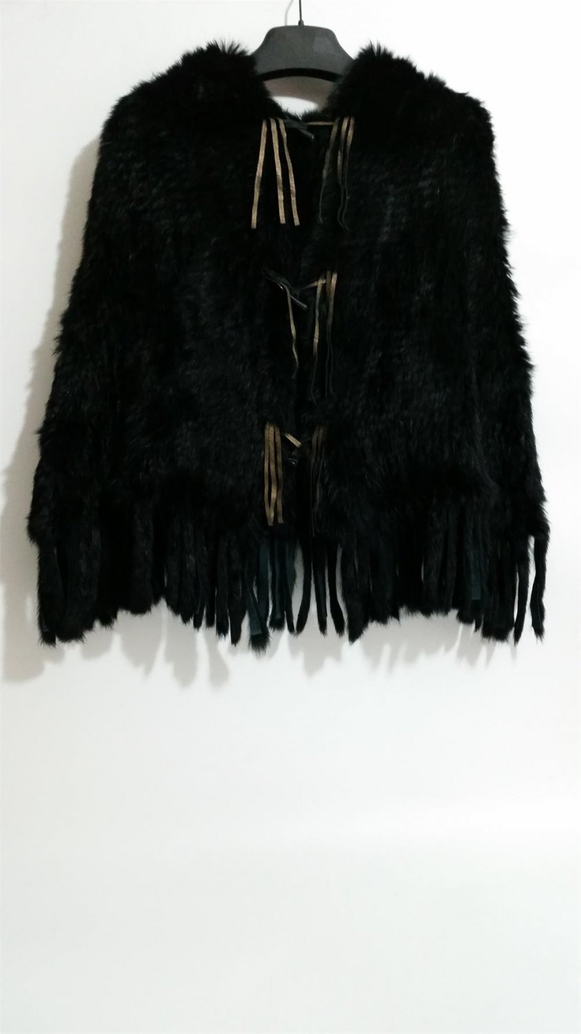 Black Knitted rabbit fur hooded poncho tassels