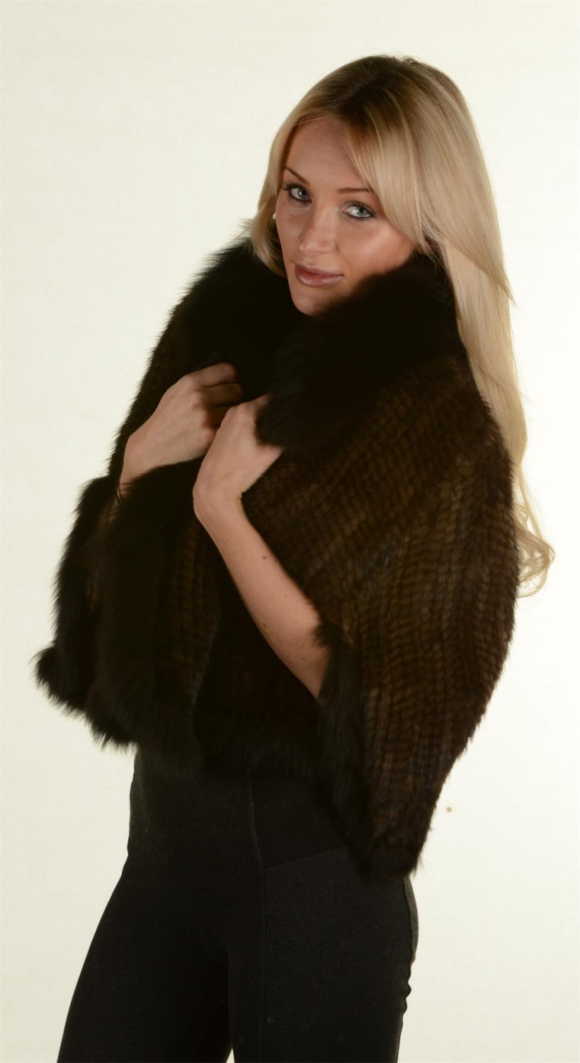 Brown knitted mink shawl fox fur collar