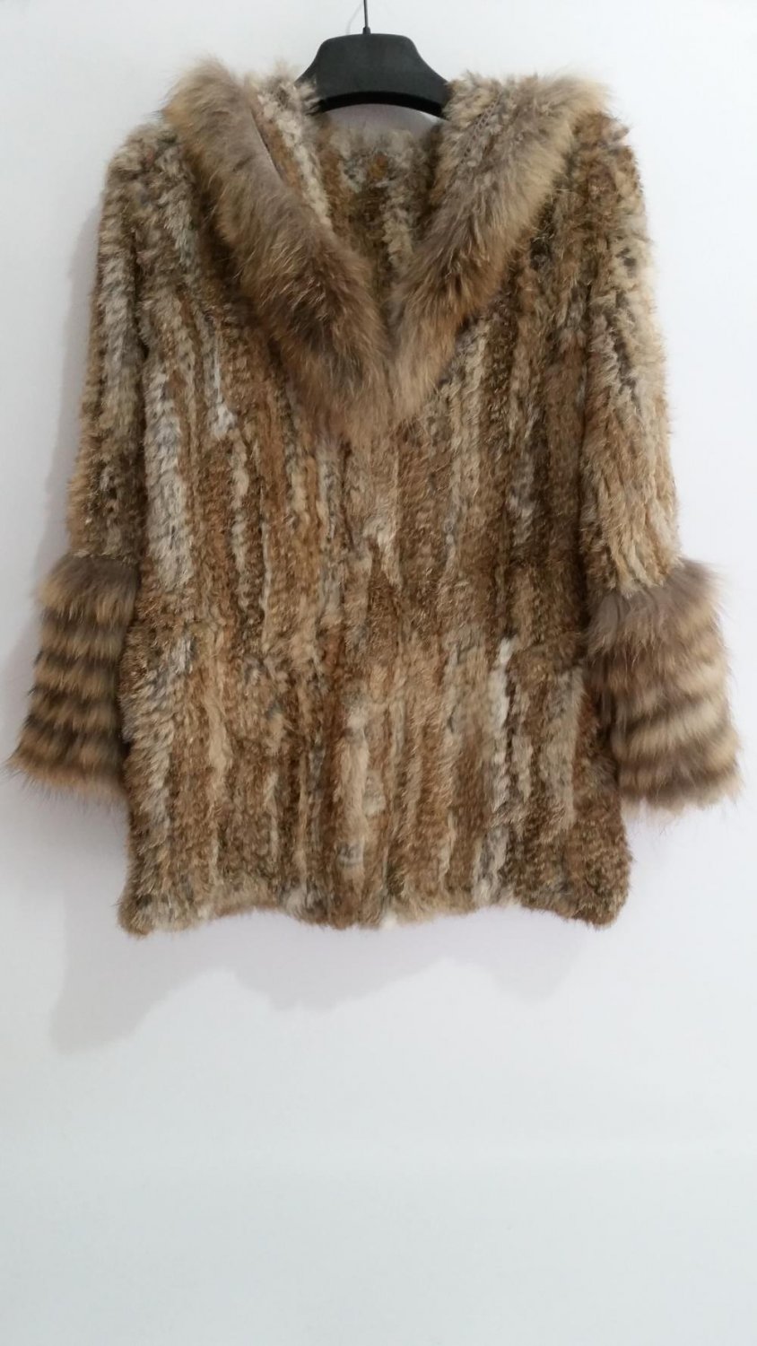Knitted rabbit fur coat with hood raccoon fur trim