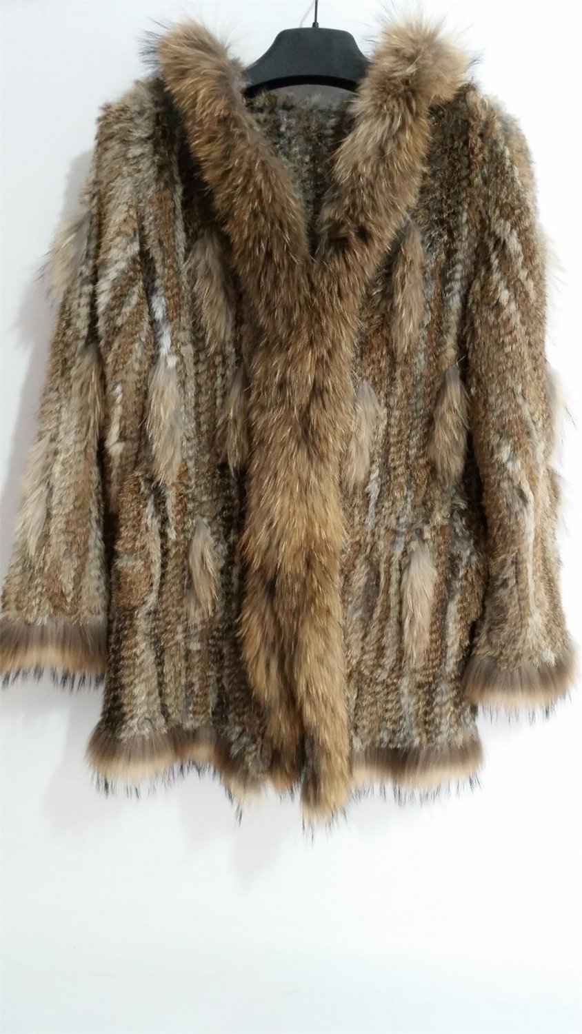 Knitted rabbit fur coat with hood raccoon fur trim