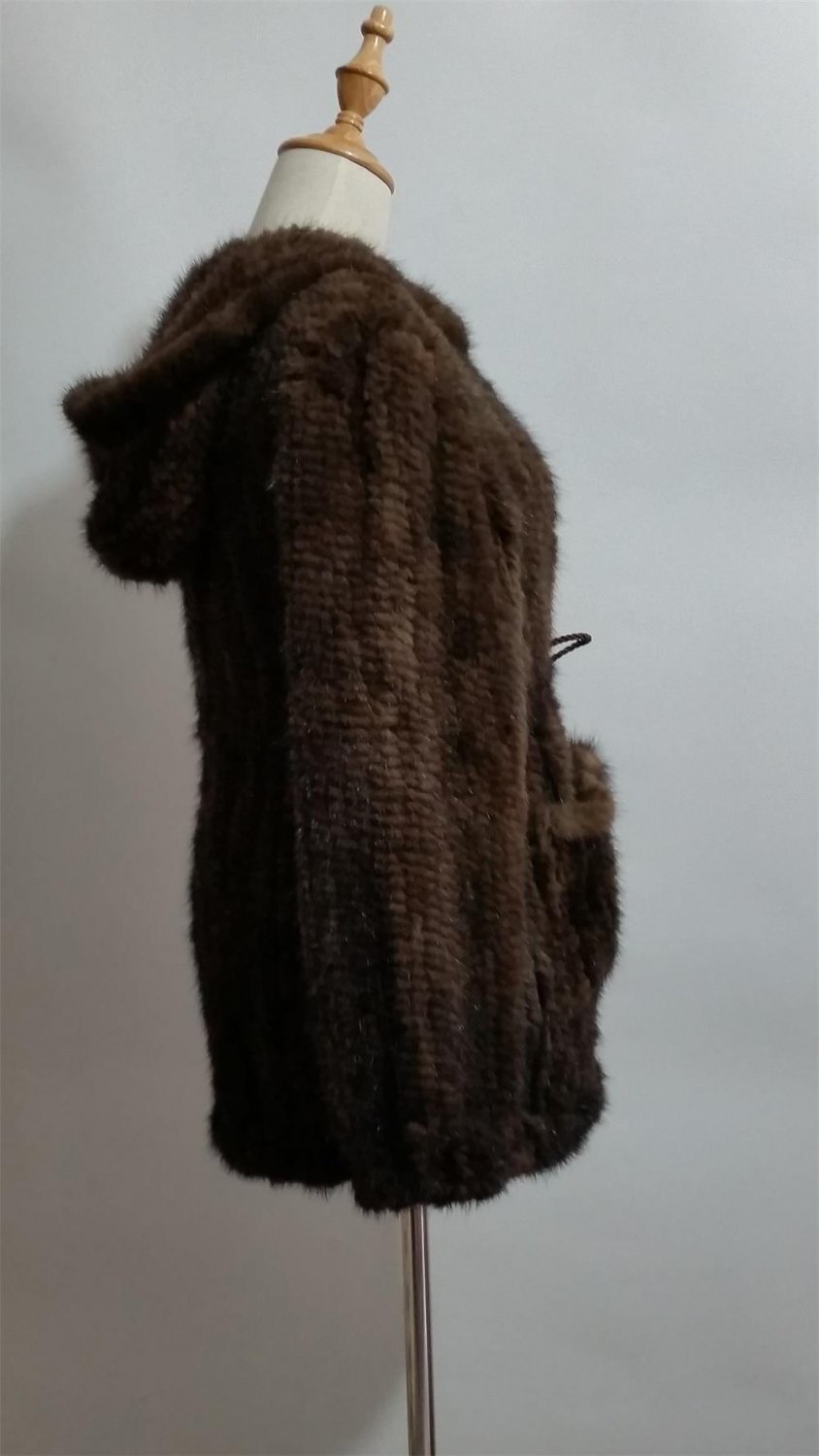long brown Crochet mink fur hooded coat pom pom