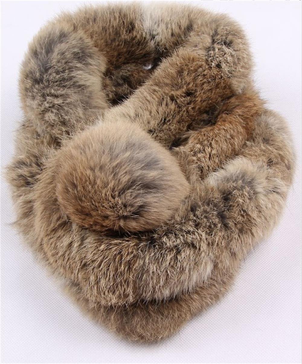 Nature brown rabbit fur scarf with pom pom ball