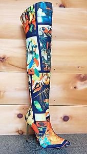 RK Model Colorful Tropical Bird Mag Print Gold Stiletto Heel Over The Knee Boot