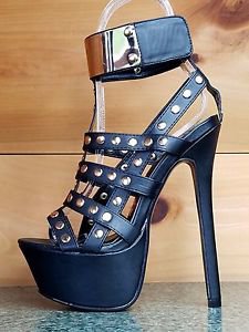 RK Cover Girl Black Button Stud Cage Boot Cut Out Strap Platform Shoe 6-8.5