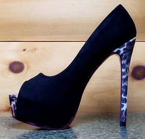 Lasonia Black Open Toe Pump With Leopard Print Heel Platform & Hot Pink Sole