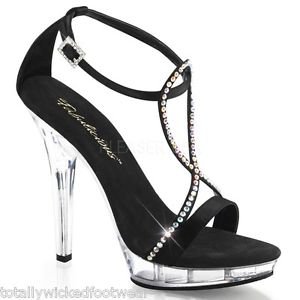 Previously Sold Lip 156 Black Satin Rhinestone Strap Evening Prom Shoe 5" Heel 9