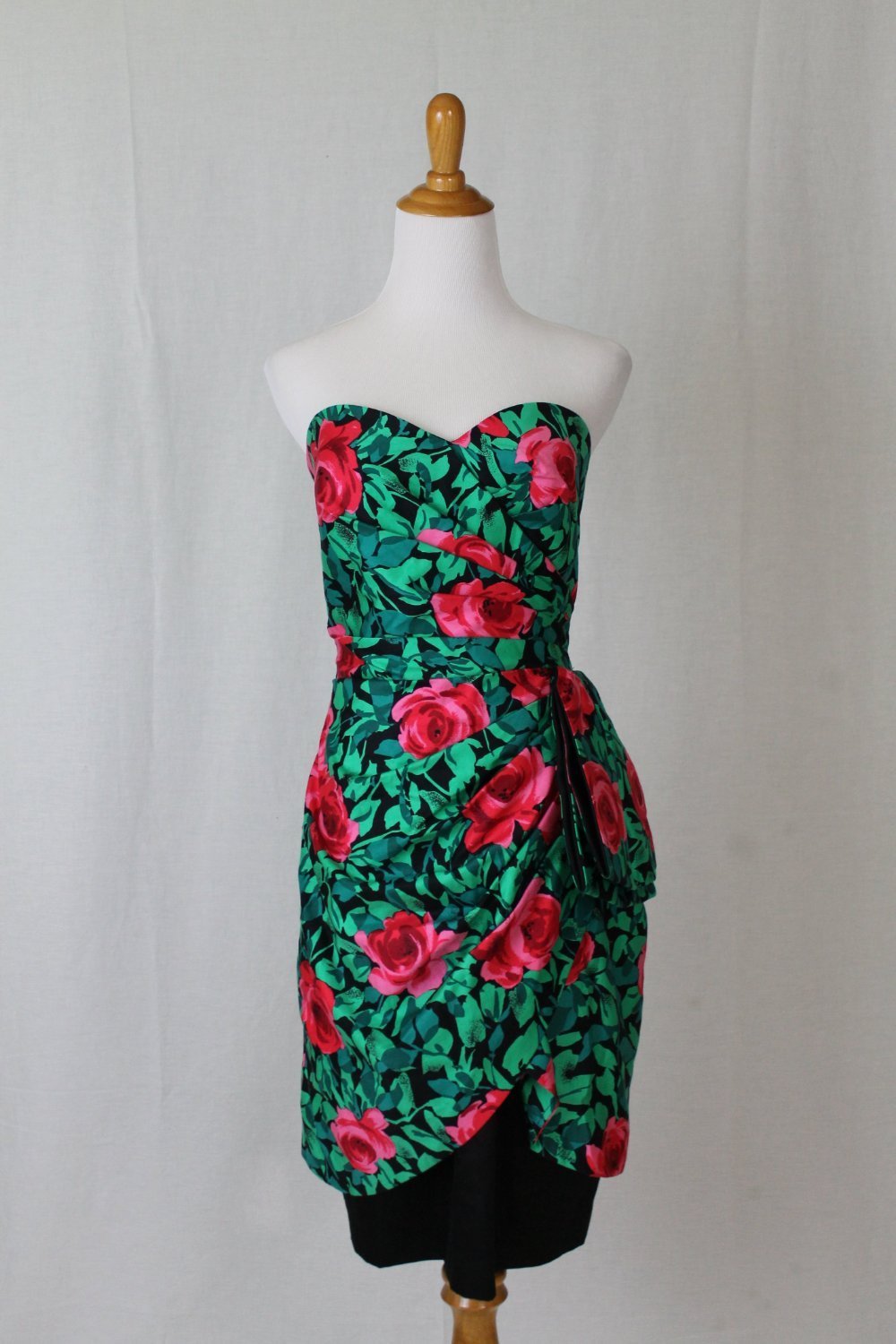 Vintage AJ Bari Red Rose Print Tailored Strapless Dress CRUISE Approved! Small 8
