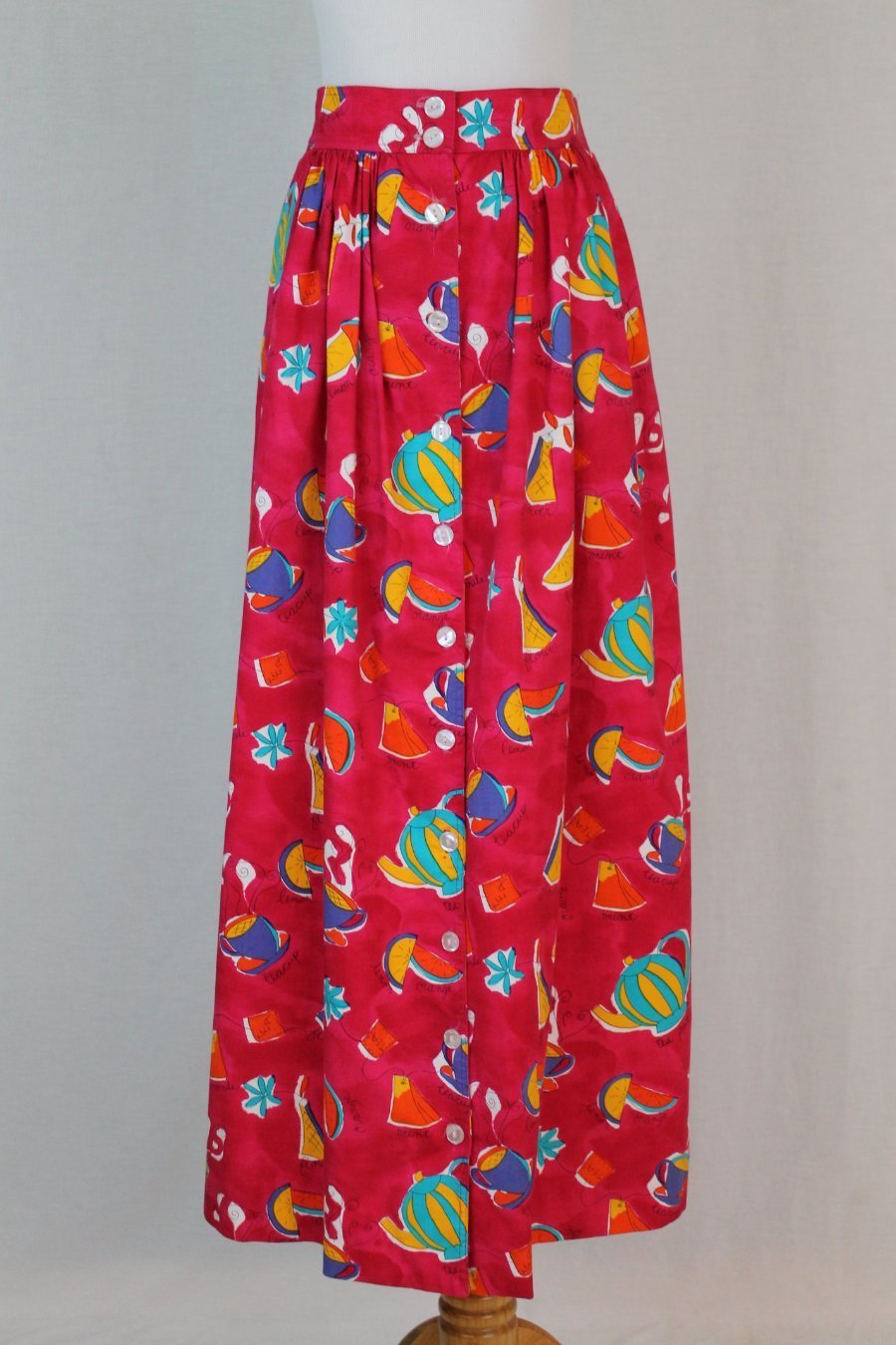Vintage F.L. Malik Red Tea Teapots Novelty Print Button Front Maxi Skirt 6