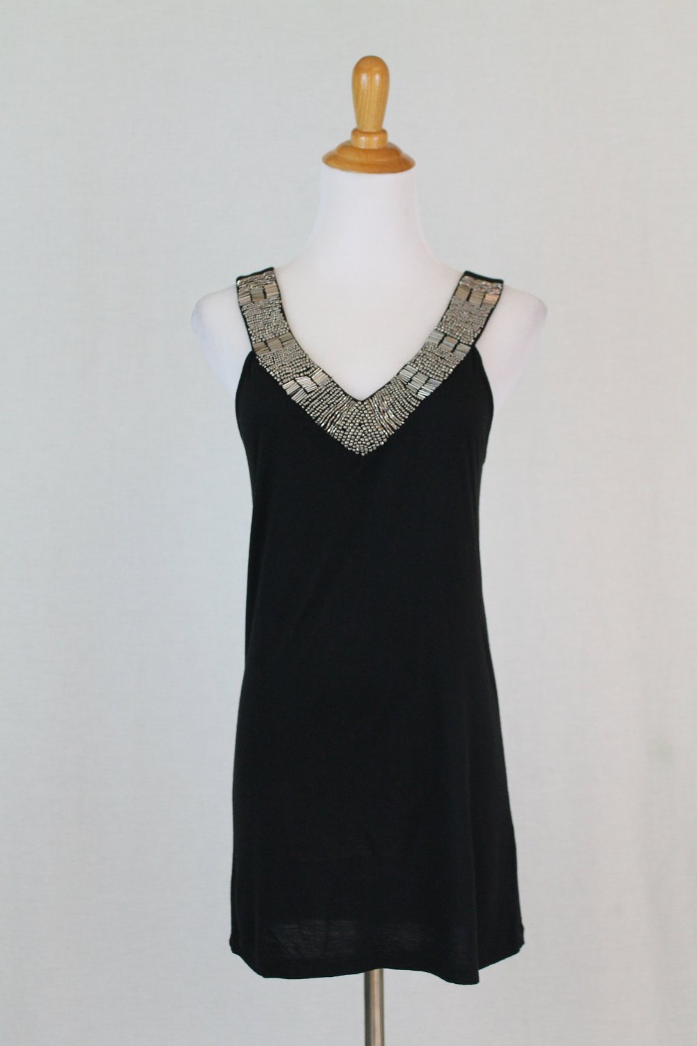 CYNTHIA ROWLEY Silver & Gold Beaded Black Jersey Sleeveless Evening Top S NWOT