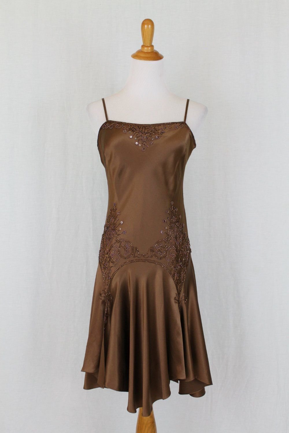 ADRIANNA PAPELL Beaded Bronze Silk Charmeuse 1920's Flapper Gatsby dress Gown 6