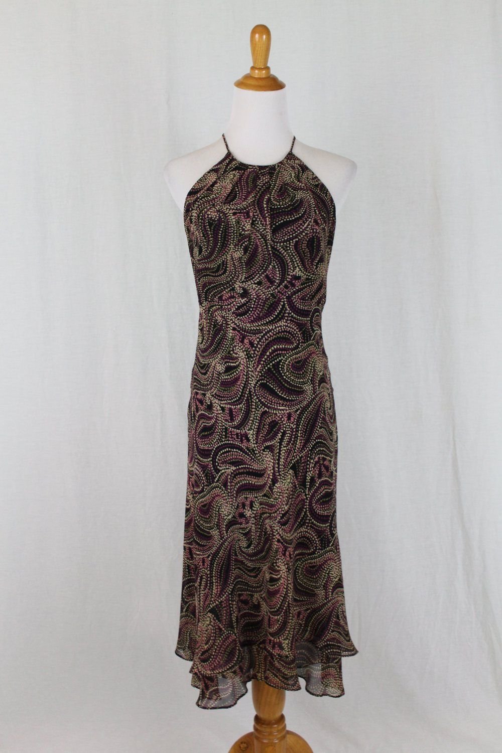 NINE WEST Black Optic Swirl Print Silk Midi Length Bias cut Halter Dress 6 NWOT