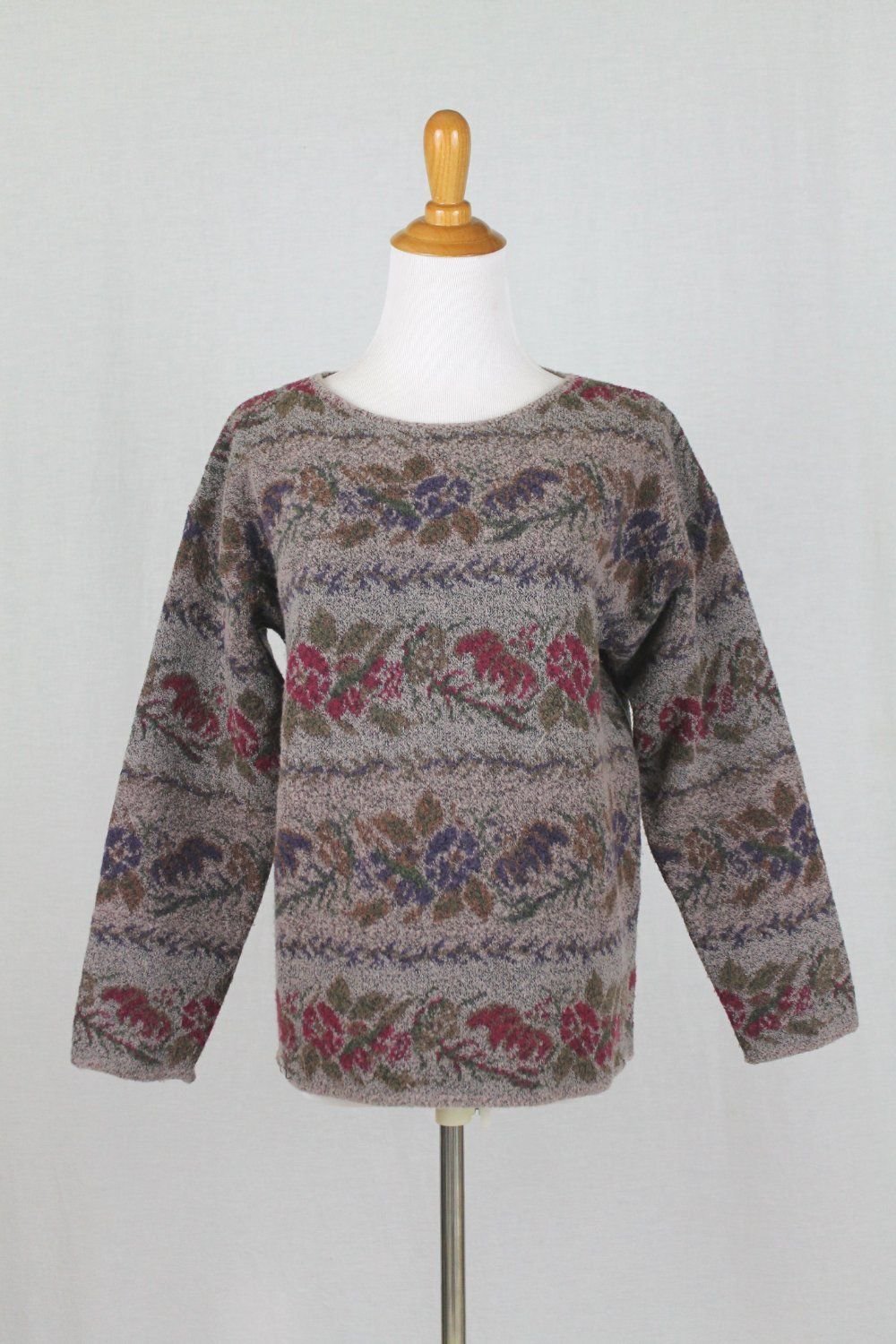 Vintage Express Gray Floral Tapestry Wool Blend Sweater 1980's Perfect XS
