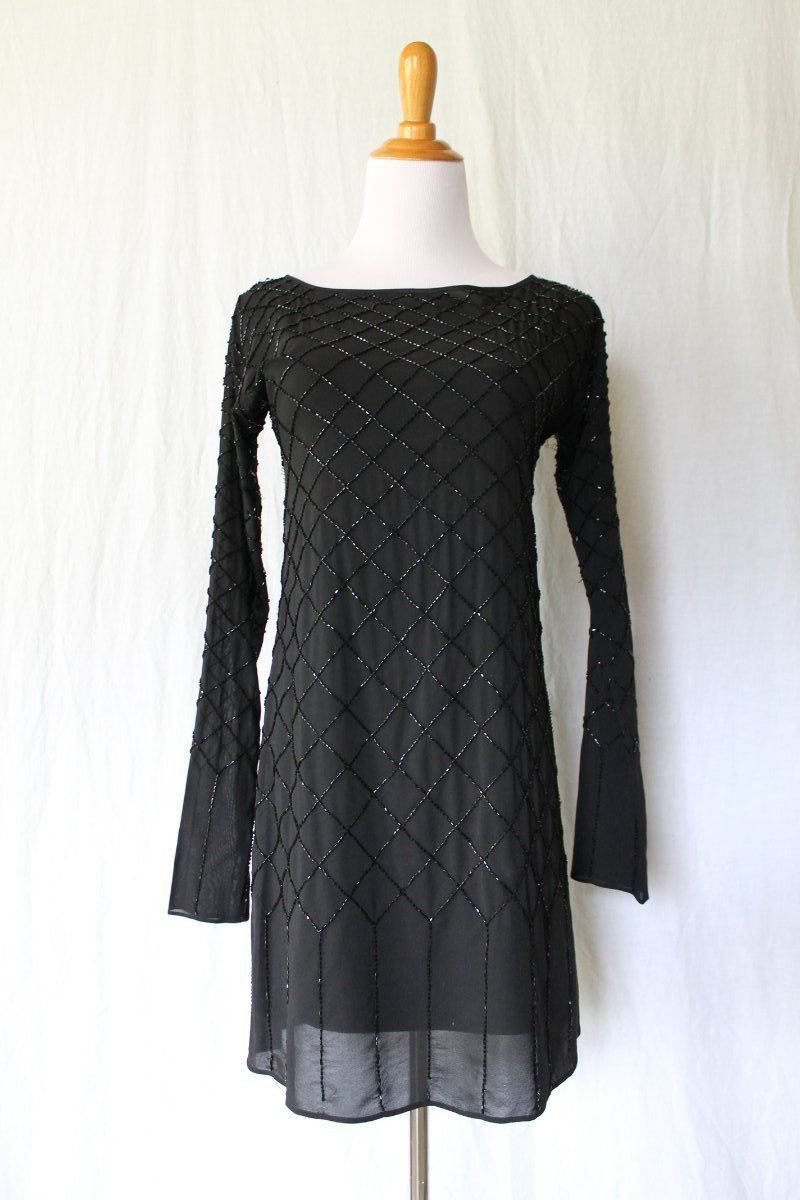 CALYPSO Beaded Sheer Black Silk Dress Long Sleeves 2 Piece  XS