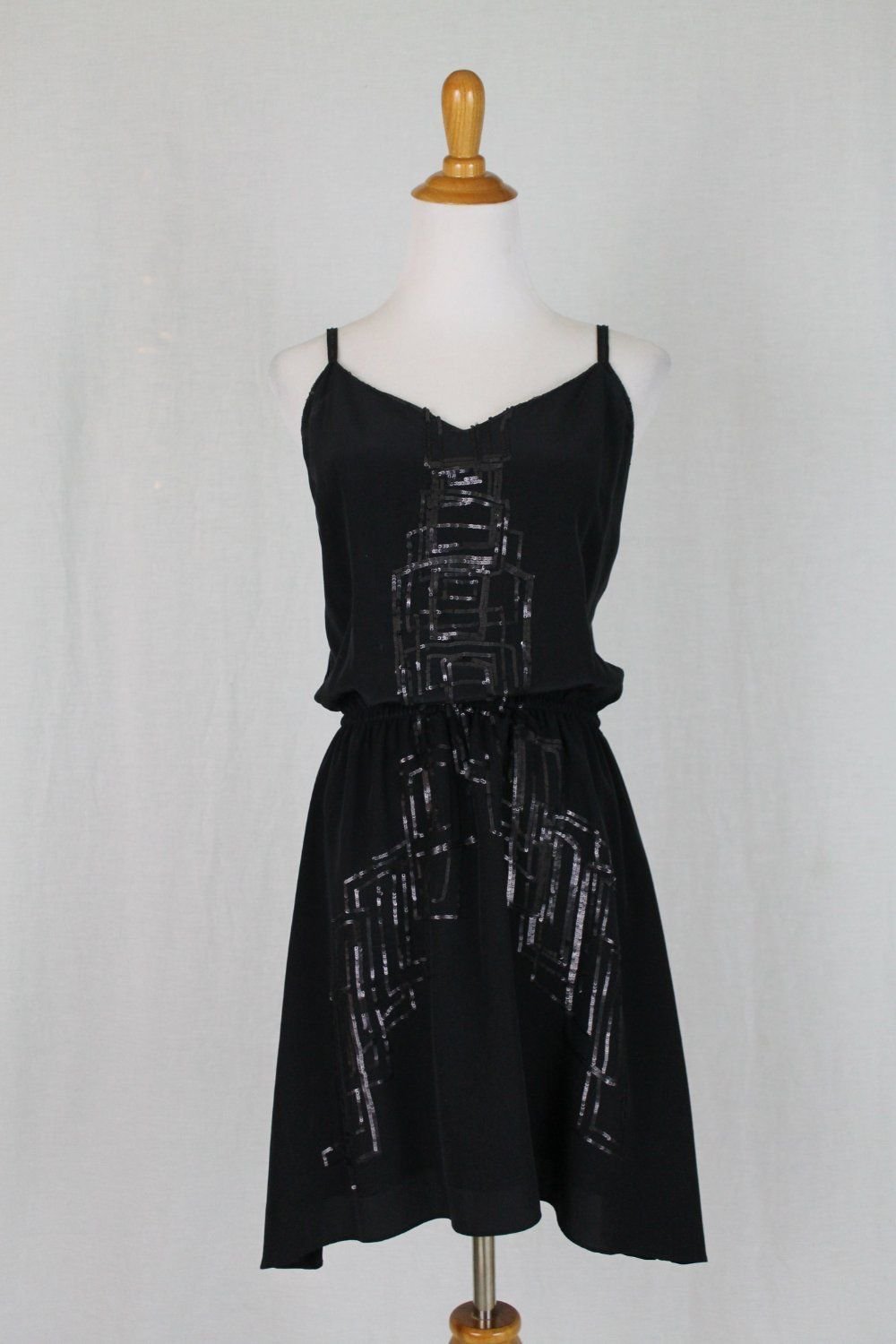 Matty M. Sequined 100% Silk Black Spaghetti Strap Cocktail Dress 1920's Zelda S