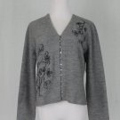Vintage J. JILL  Merino Wool Cardigan Sweater Hand Embroidered Gray & Black S