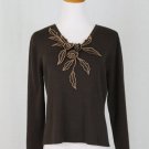 Vintage Adrianna Papell Brown Wool Blend Embroidered V-Neck Sweater Sz Medium