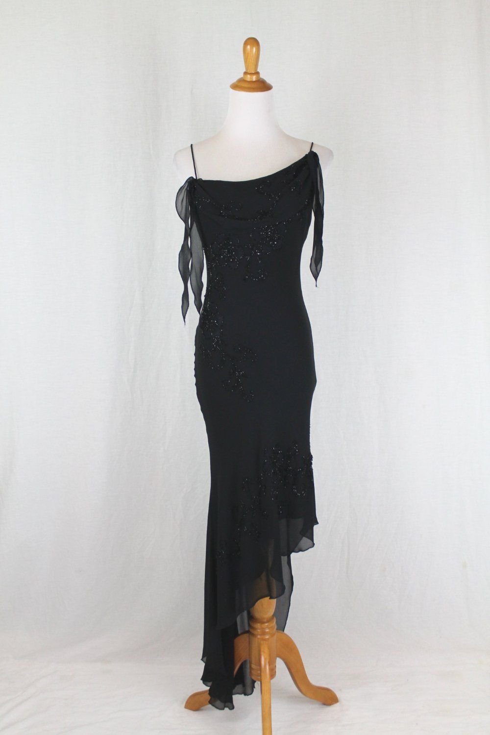 Vintage Cache 1920's 30's Inspired Beaded Long Black 100% Silk Bias Cut Gown 2