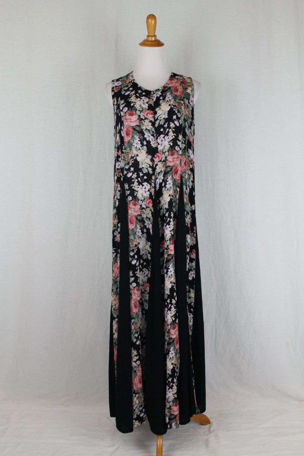 Vintage STARINA Pink & Black Floral Rose Print Sleeveless Maxi Sundress ...