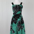 100% Silk Sleeveless Dress Below the Knee Green & Black Big Rose Print Size XS