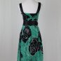 100% Silk Sleeveless Dress Below the Knee Green & Black Big Rose Print Size XS