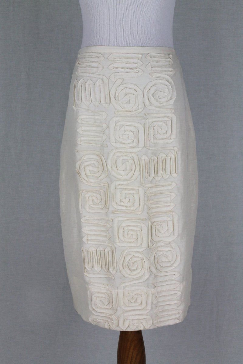 Max Azria Collection Embellished Ivory Linen & Silk Blend Straight Skirt 2